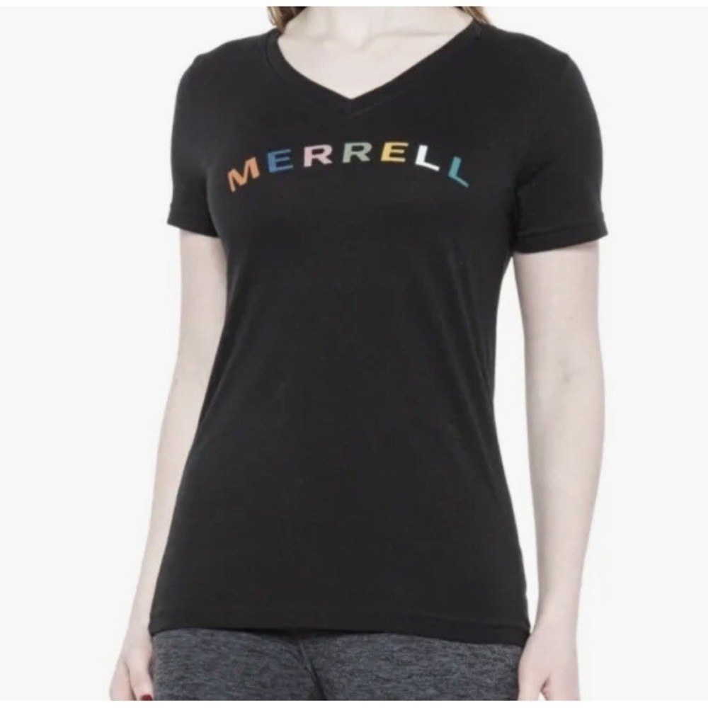MERRELL Women's Black Rainbow Short Sleeve V Neck Tee Size XS/TP New